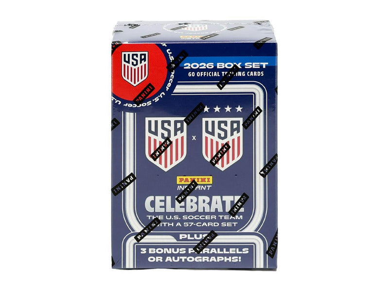 2025/26 Panini USMNT and USWNT Soccer Box Set featuring 60 United States national team cards.
Back of the 2025/26 Panini USMNT and USWNT Soccer Box Set showing product details and configuration.
2025/26 Panini US Soccer cards featuring USMNT players, USWNT players, and award winners.
2025/26 Panini USMNT and USWNT Soccer sell sheet highlighting parallels, Color Blast inserts, and autographs.