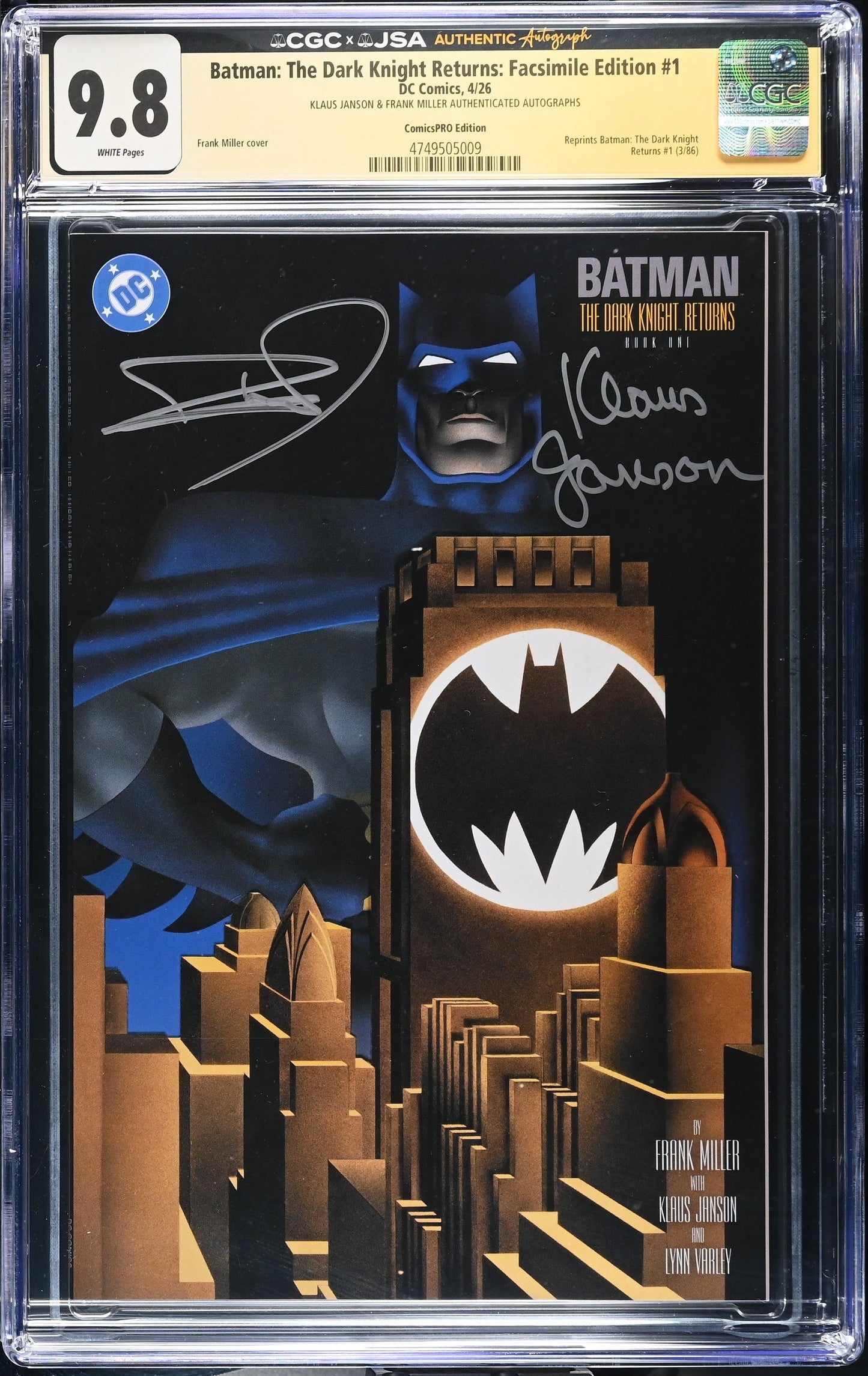 Batman The Dark Knight Returns #1 (2026) ComicsPRO CGC JSA 9.8 Signed Frank Miller & Klaus Janson