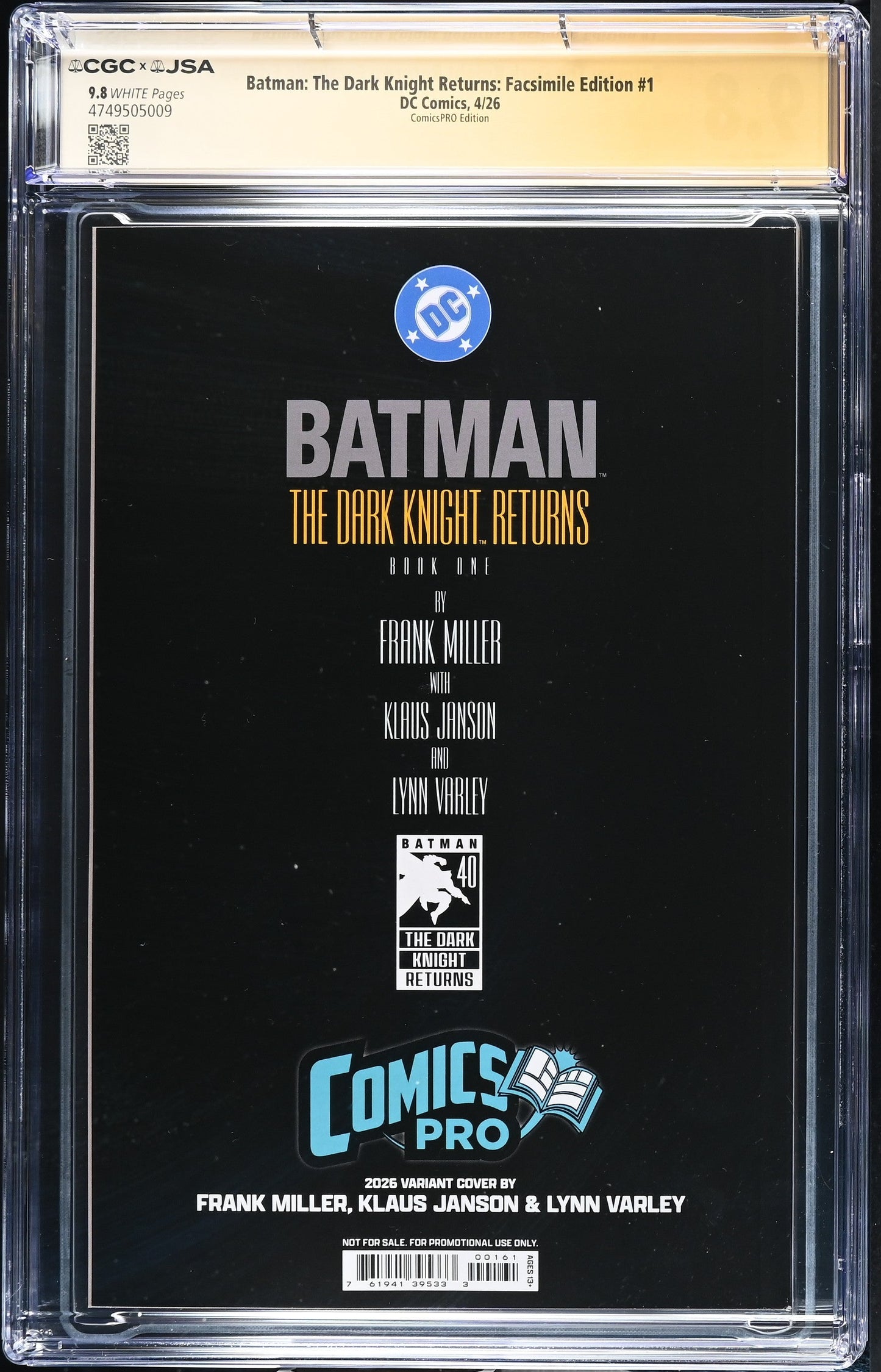 Batman The Dark Knight Returns #1 (2026) ComicsPRO CGC JSA 9.8 Signed Frank Miller & Klaus Janson