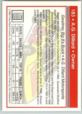 A.G. Dillard - 1992 Traks - #183 - Racing - Racing Card Single