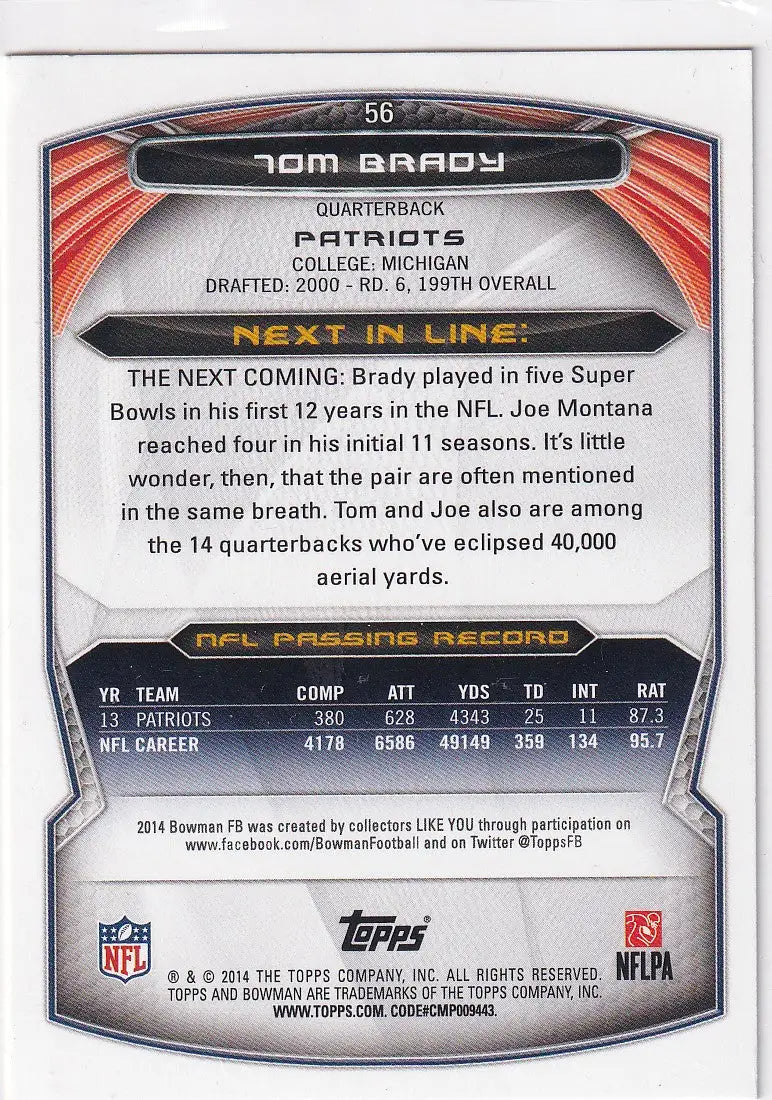2014 TOPPS BOWMAN #56 TOM BRADY- NEW ENGLAND PATRIOTS