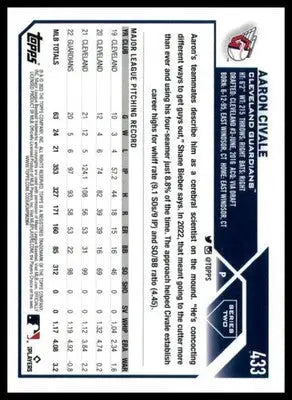 Aaron Civale 2023 Topps #433 Cleveland Guardians - Baseball Card Single