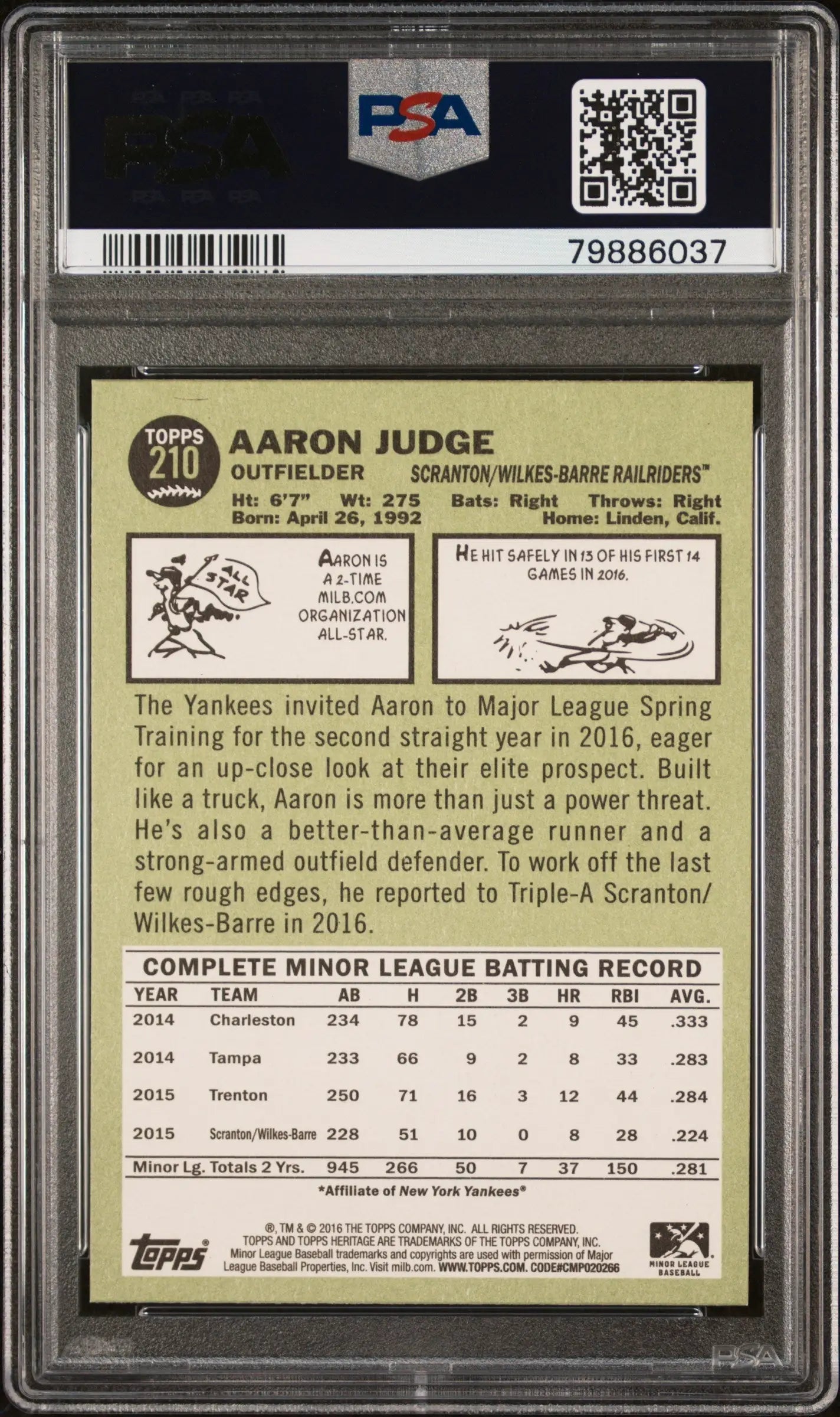 Encased Aaron Judge baseball card from Topps Heritage Minor League series in PSA 10 grade