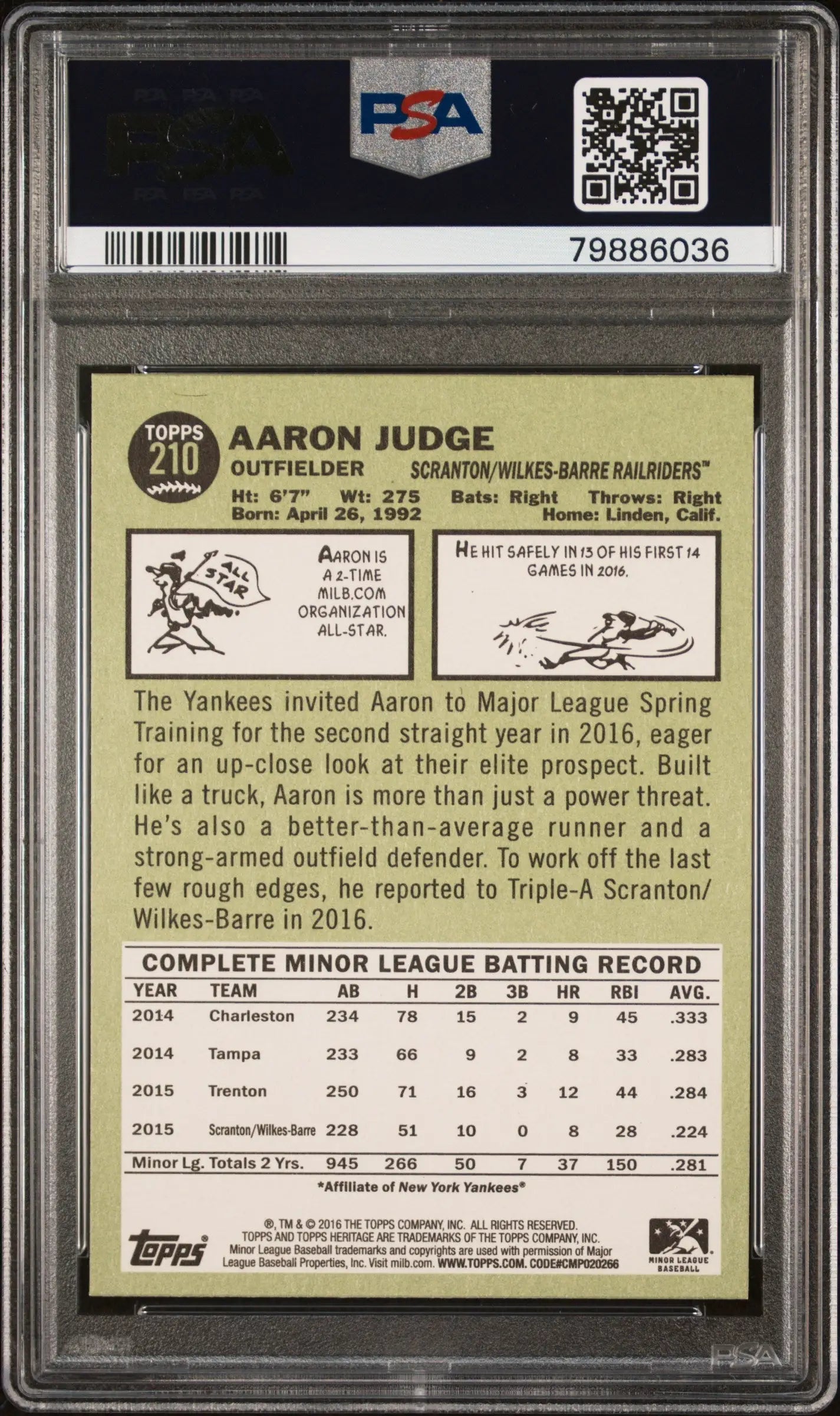 Aaron Judge 2016 Topps Heritage Minor League baseball card PSA 7 Near Mint