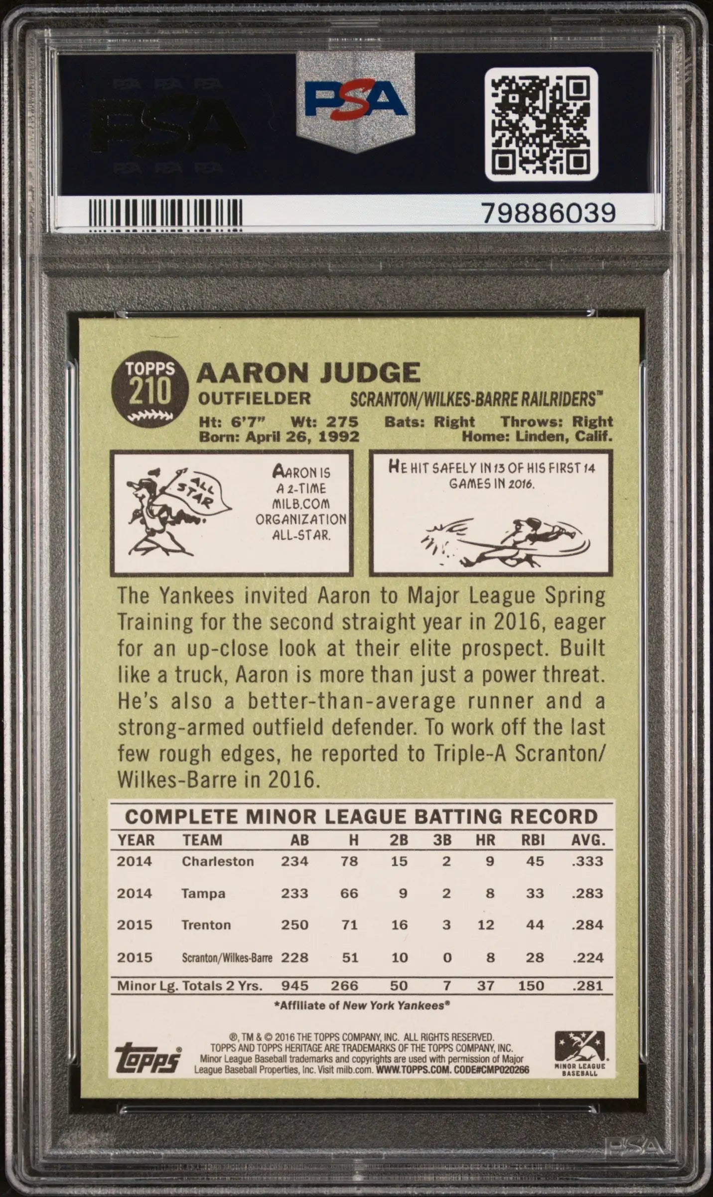 Graded Aaron Judge baseball card from Topps Heritage Minor League series PSA 9