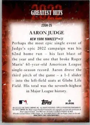 Aaron Judge - 2023 Topps - #22GH-25 - 2022 Greatest Hits Baseball - Baseball Card Single