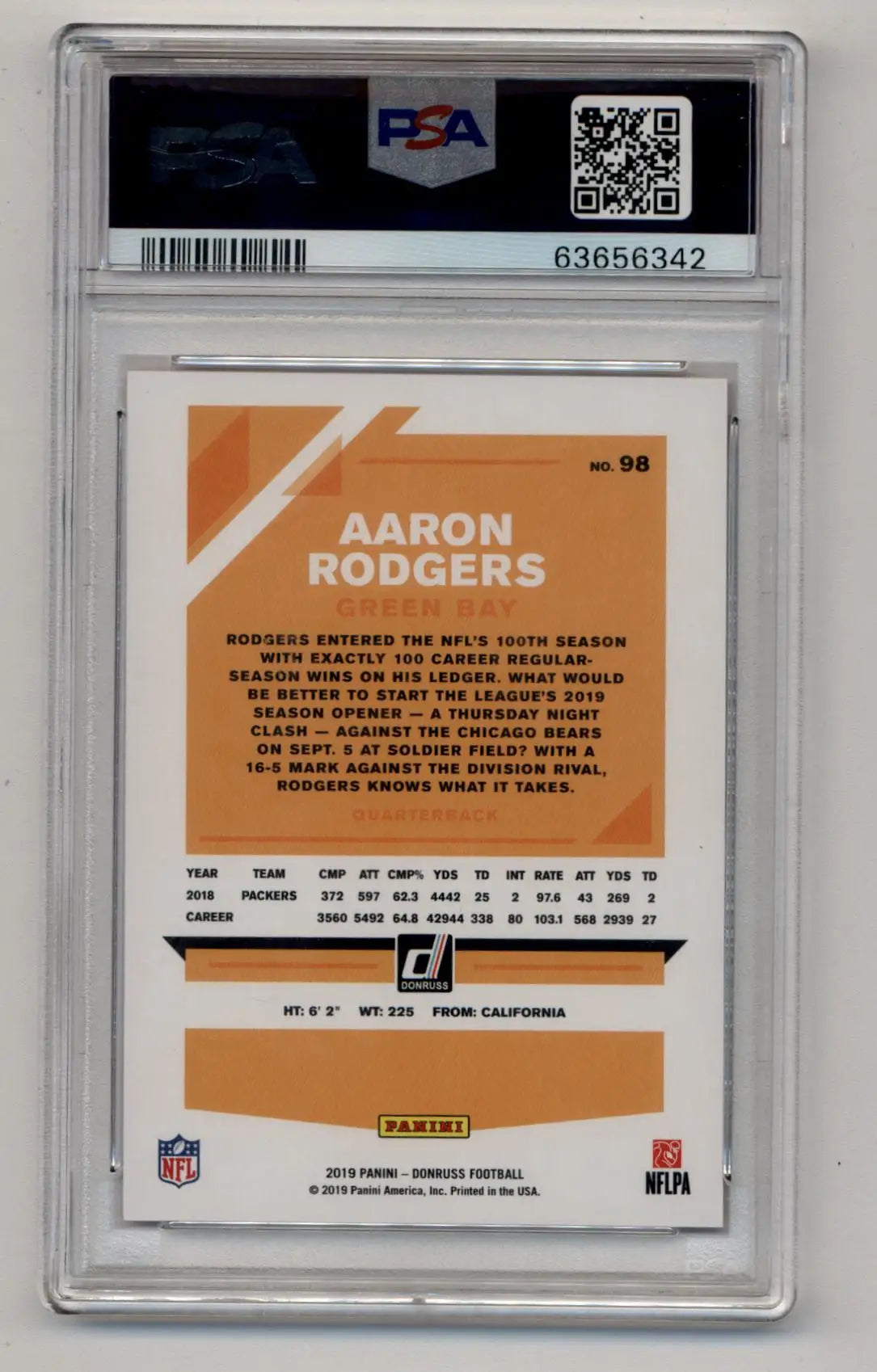 Aaron Rodgers 2019 Donruss Aaron Rodgers Jersey Number 01/12 #98 PSA 10 Gem Mint - Football Card Single