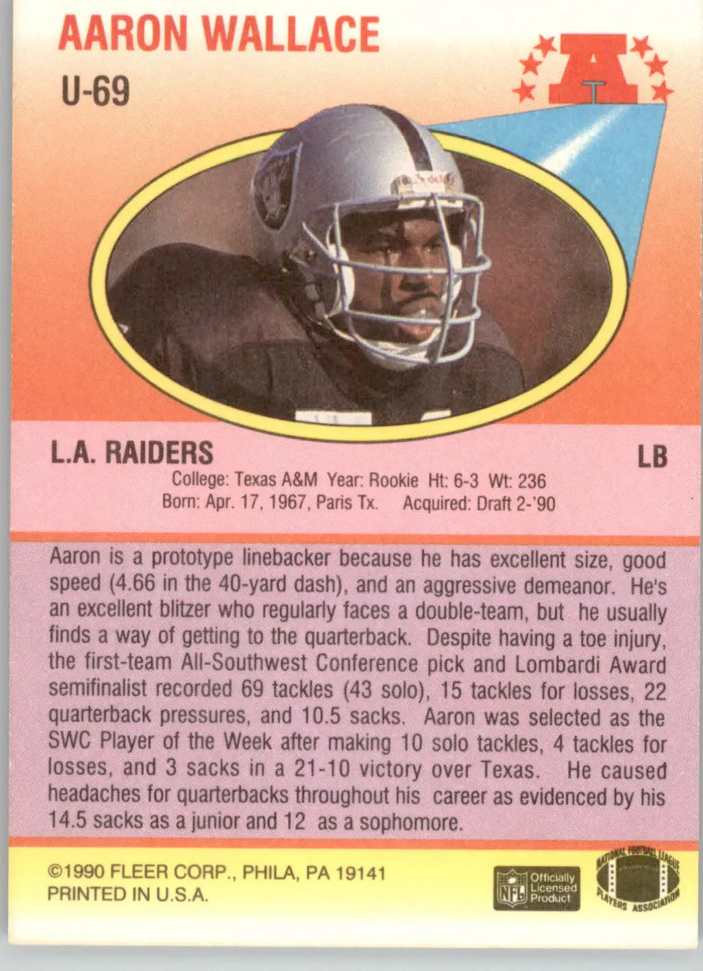 Aaron Wallace - 1990 Fleer Update - #U-69 - RC Football