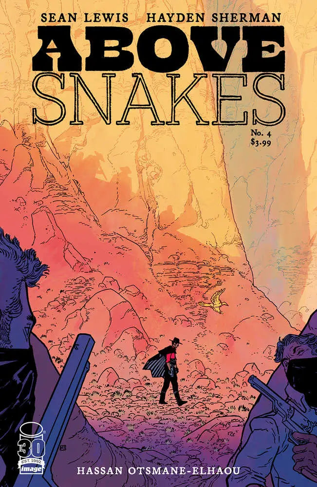 Comic book cover for Above Snakes featuring a silhouetted figure in a mountainous landscape