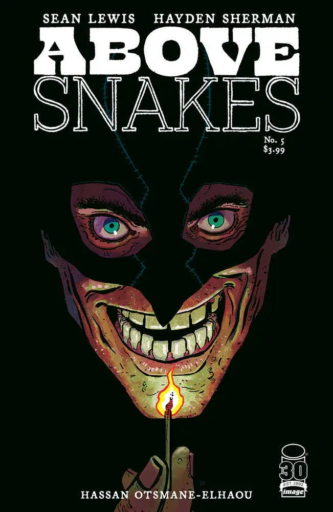 Sinister face with blue eyes on ABOVE SNAKES #5 trading card, illuminated by match flame