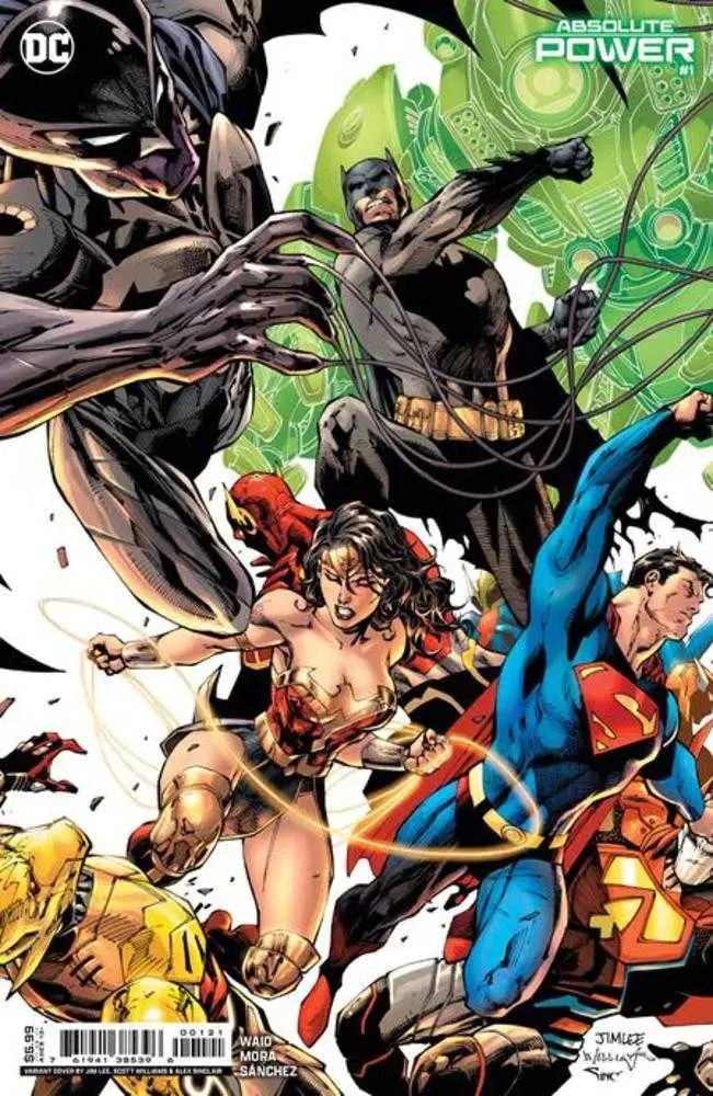 Comic book cover featuring Batman, Wonder Woman, Superman with green energy effects