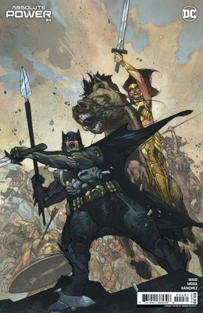 Batman in battle pose with a spear and mounted warrior on Absolute Power trading card