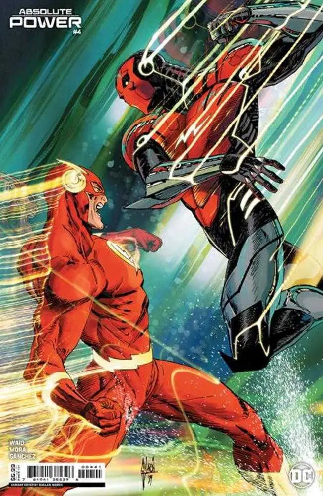 Comic book cover artwork of The Flash in action against a robot, Absolute Power card stock variant