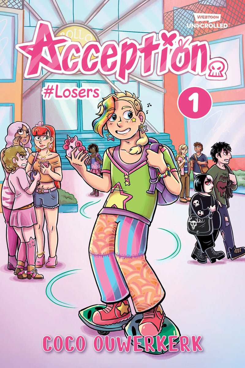 Comic book cover for Acception Volume 1 showcasing a high school comedy theme