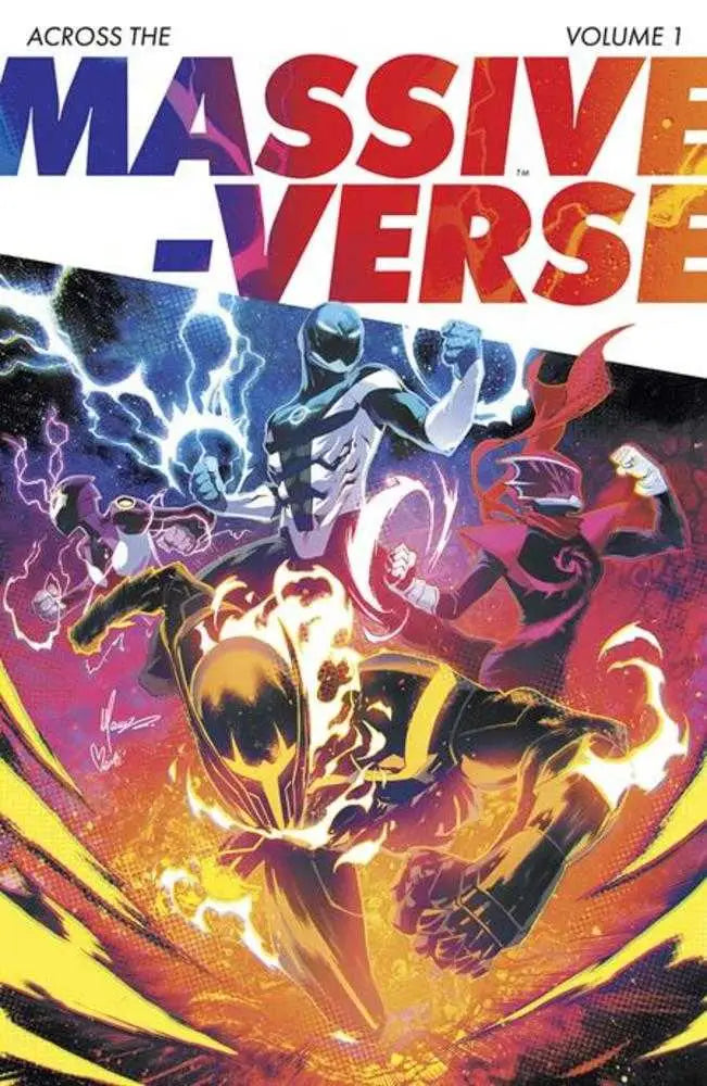 Dynamic comic book cover of Across the Massive-Verse Volume 1 featuring Inferno Girl Red in action