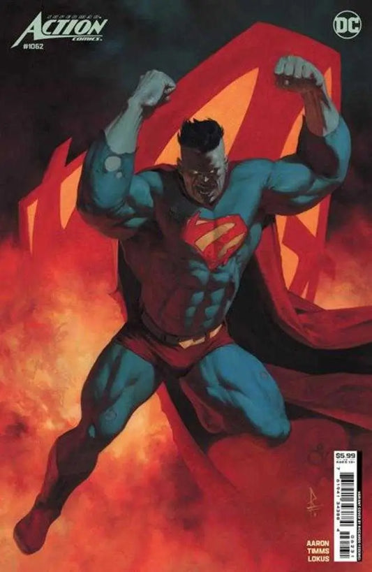 Muscular superhero in blue suit with red cape featured on Action Comics #1062 trading cards