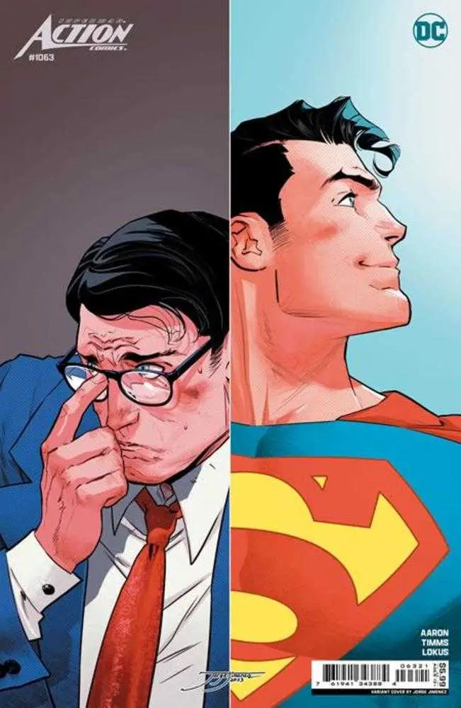 Split comic book cover of Superman as reporter and superhero for Action Comics #1063