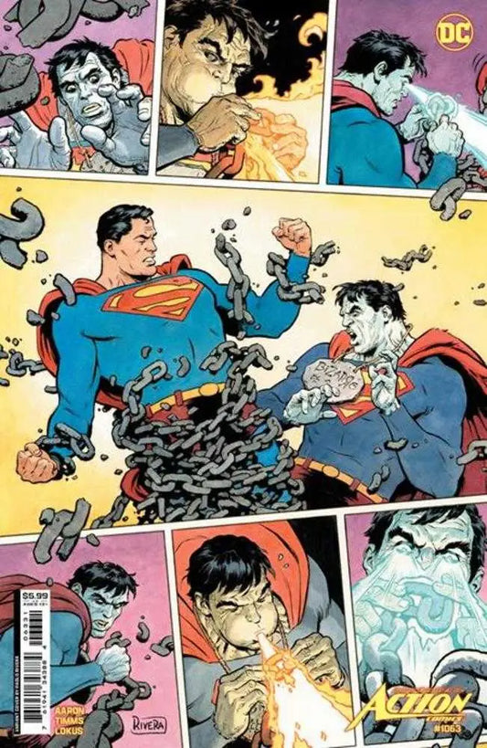 Comic book panels of a superhero battle in Action Comics #1063 Card Stock Variant