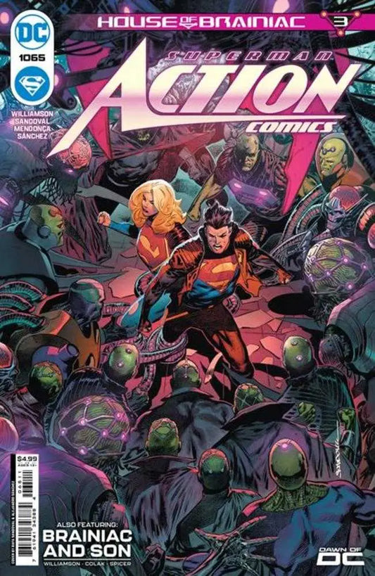 Action Comics #1065 Cover A depicts Superman battling robotic enemies for trading cards