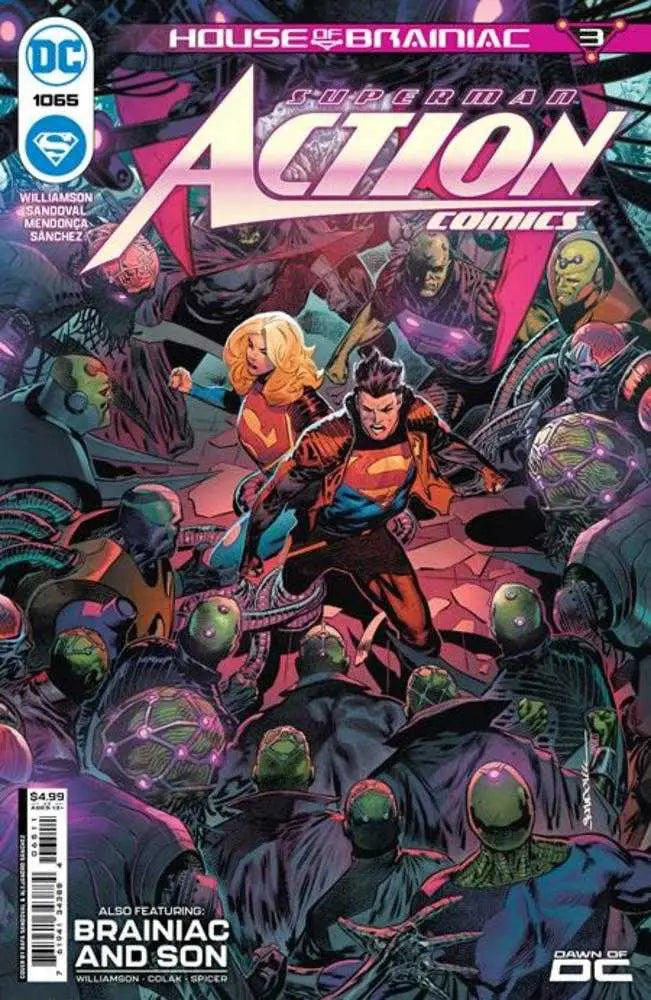 Action Comics #1065 Cover A depicts Superman battling robotic enemies for trading cards