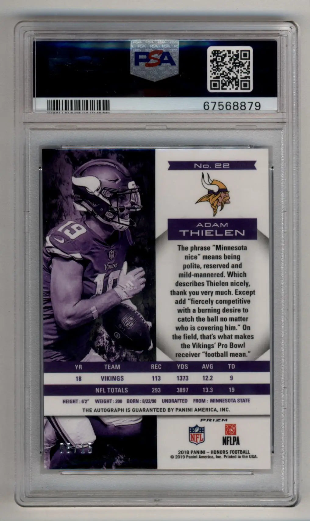 Adam Thielen 2018 Honors Auto Blue 08/15 PSA 10 Auto 10 - Football Card Single