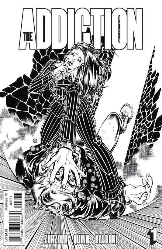 Black and white manga comic cover of Addiction features figures in pinstripe clothing