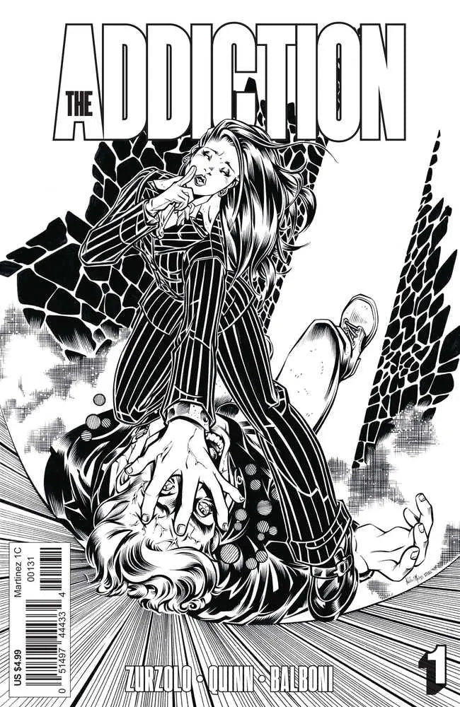 Black and white manga comic cover of Addiction features figures in pinstripe clothing