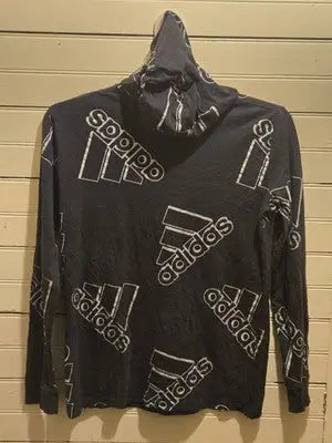 Adidas Hoodie Girls - L 14/16 - Black Allover Logo Long Sleeve Pullover Cotton - Apparel