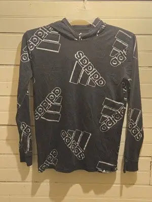 Adidas Hoodie Girls - L 14/16 - Black Allover Logo Long Sleeve Pullover Cotton - Apparel
