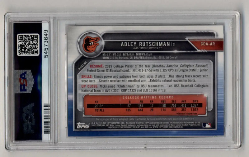 Adley Rutschman 2019 Bowman Chrome Draft Picks Blue Wave Refractor Auto 034/150 PSA 9 Mint - Baseball Card Single