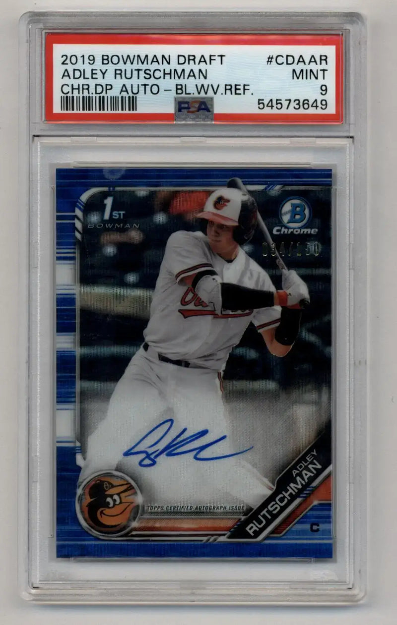 Adley Rutschman 2019 Bowman Chrome Draft Picks Blue Wave Refractor Auto 034/150 PSA 9 Mint - Baseball Card Single