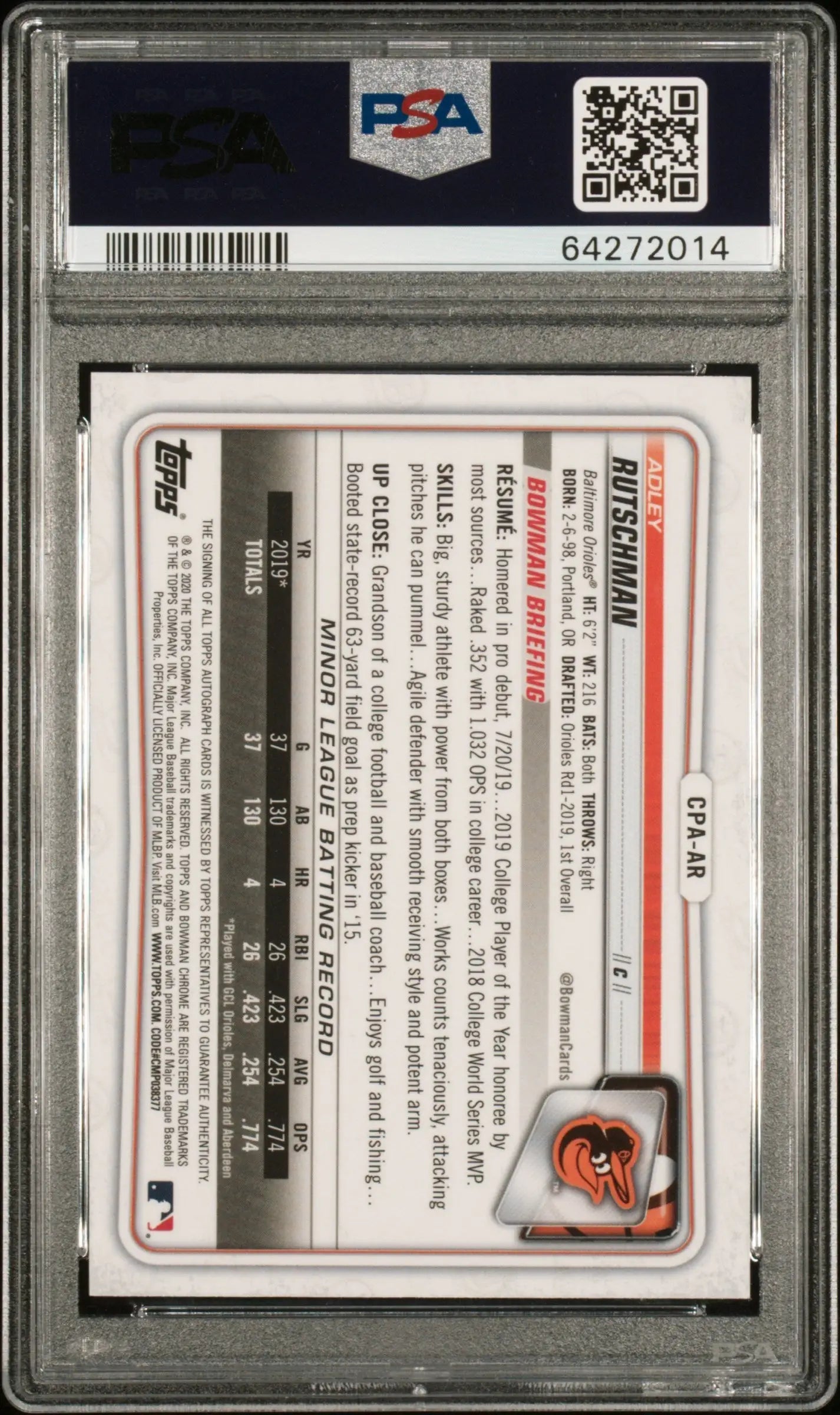 Adley Rutschman 2020 Bowman Chrome Auto PSA 9 Auto 10 - Baseball Card Single