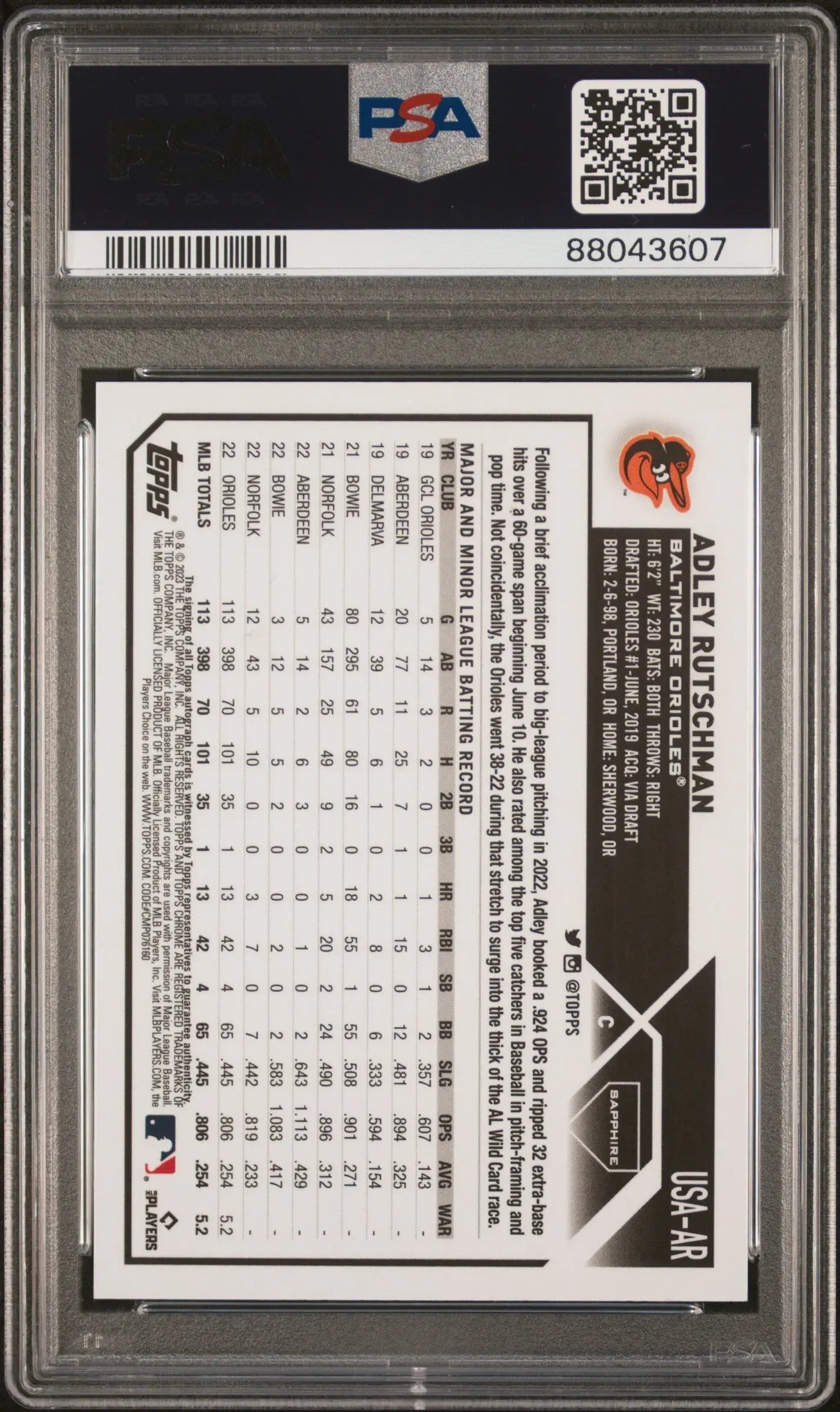 Adley Rutschman 2023 Topps Chrome Update Sapphire Gold Refractor Auto #42/50 PSA 10 Auto 10 - Baseball Card Single