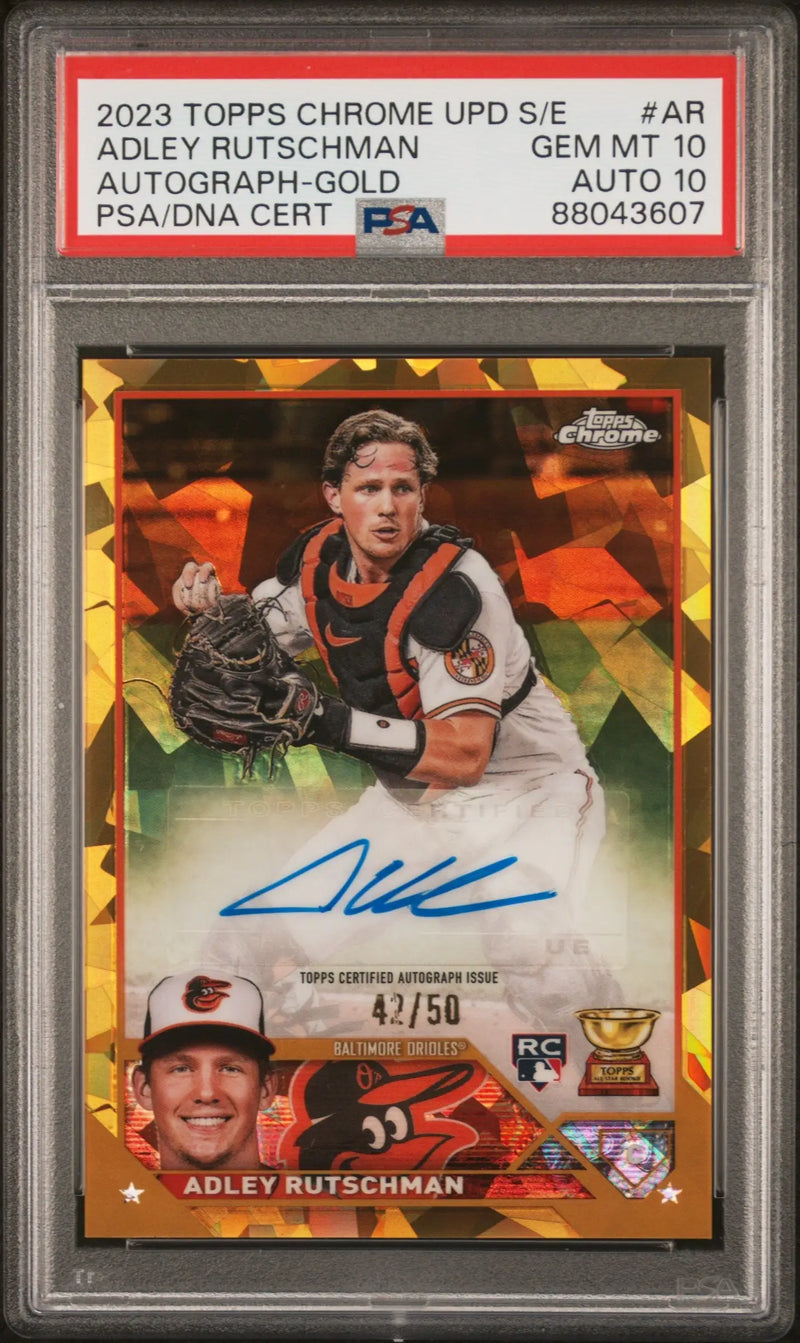 Adley Rutschman 2023 Topps Chrome Update Sapphire Gold Refractor Auto #42/50 PSA 10 Auto 10 - Baseball Card Single
