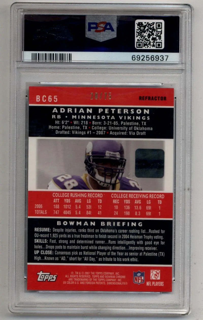 Adrian Peterson 2007 Bowman Chrome Blue Refractor Auto 20/75 PSA 9 Mint - Football Card Single