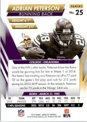 Adrian Peterson - 2014 Panini Absolute - #25 - Retail Football - Football Card Single
