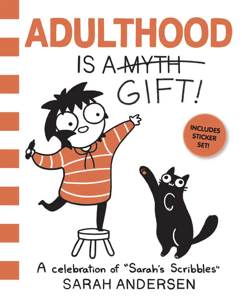 Graphic novel cover featuring a cartoon woman on a stool with a cat from Sarahs Scribbles softcover gift celebration