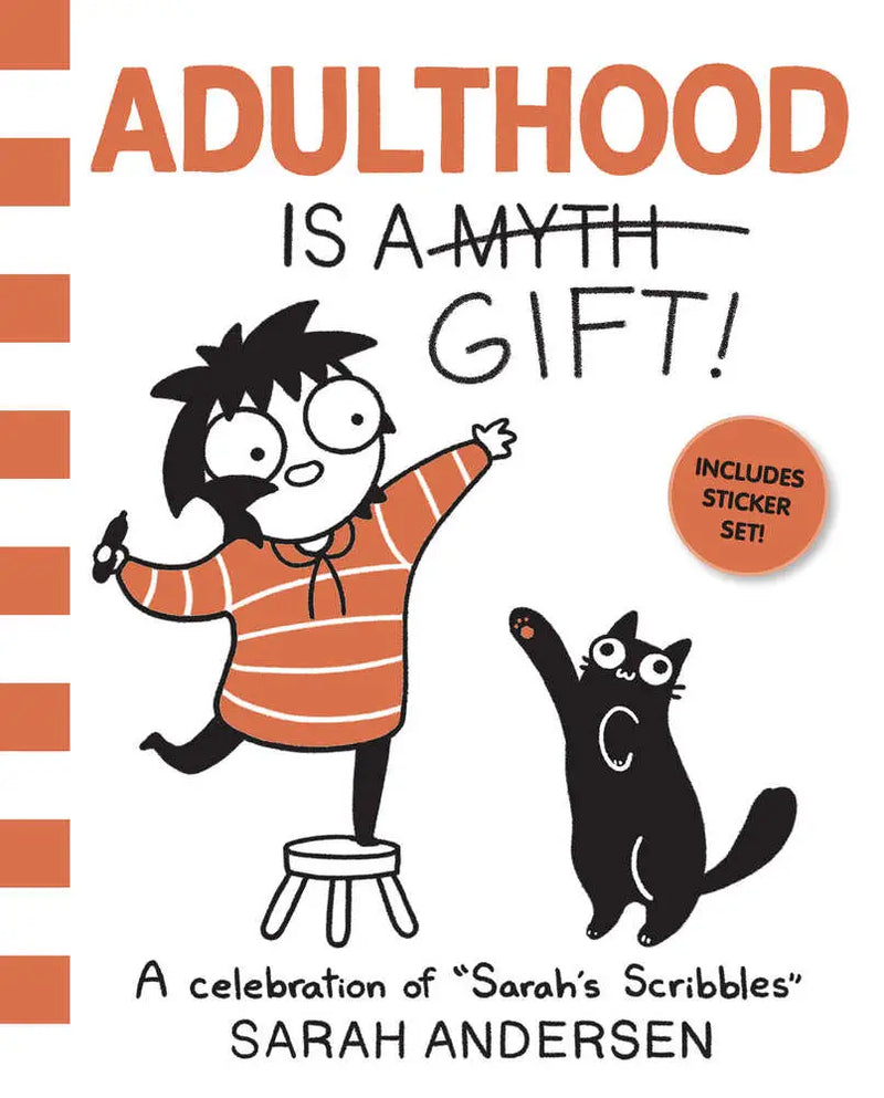 Graphic novel cover featuring a cartoon woman on a stool with a cat from Sarahs Scribbles softcover gift celebration