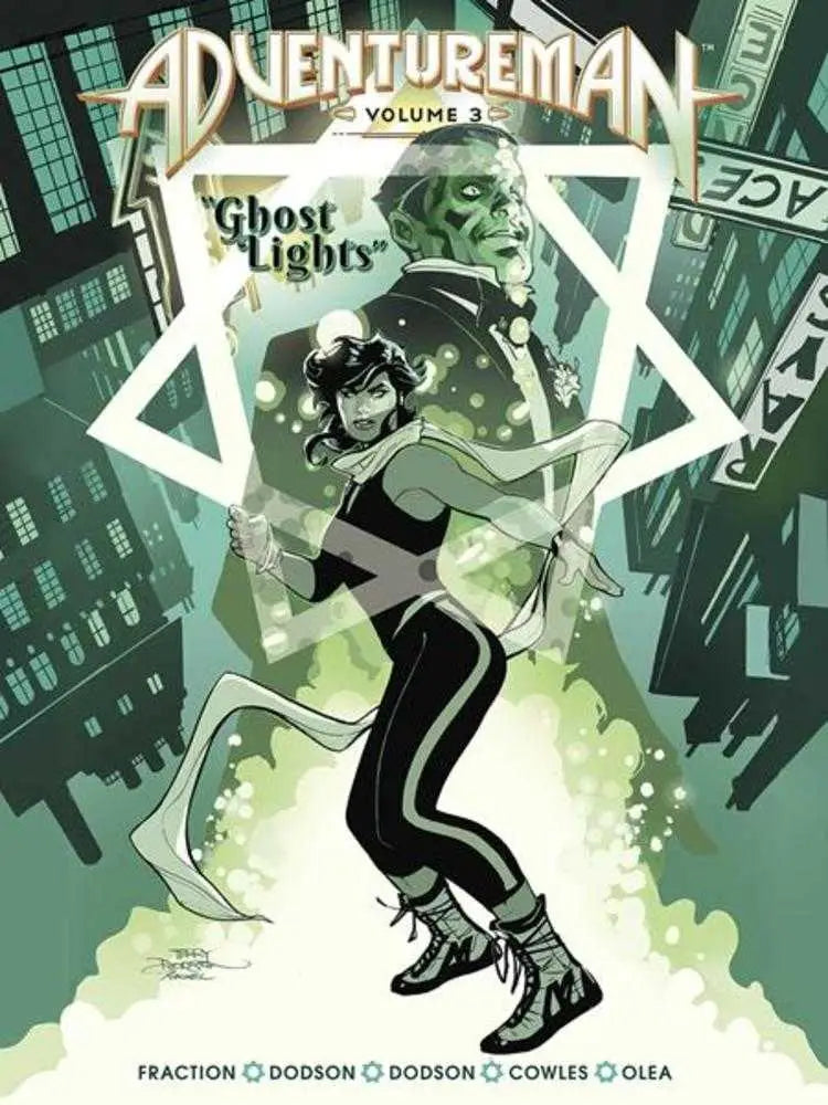 Comic book cover for Adventureman Volume 2 Ghost Lights with dynamic superhero in green effects