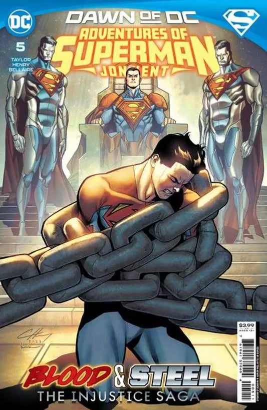 Comic book cover of Jon Kent embracing with armored characters in background, Trading Cards theme