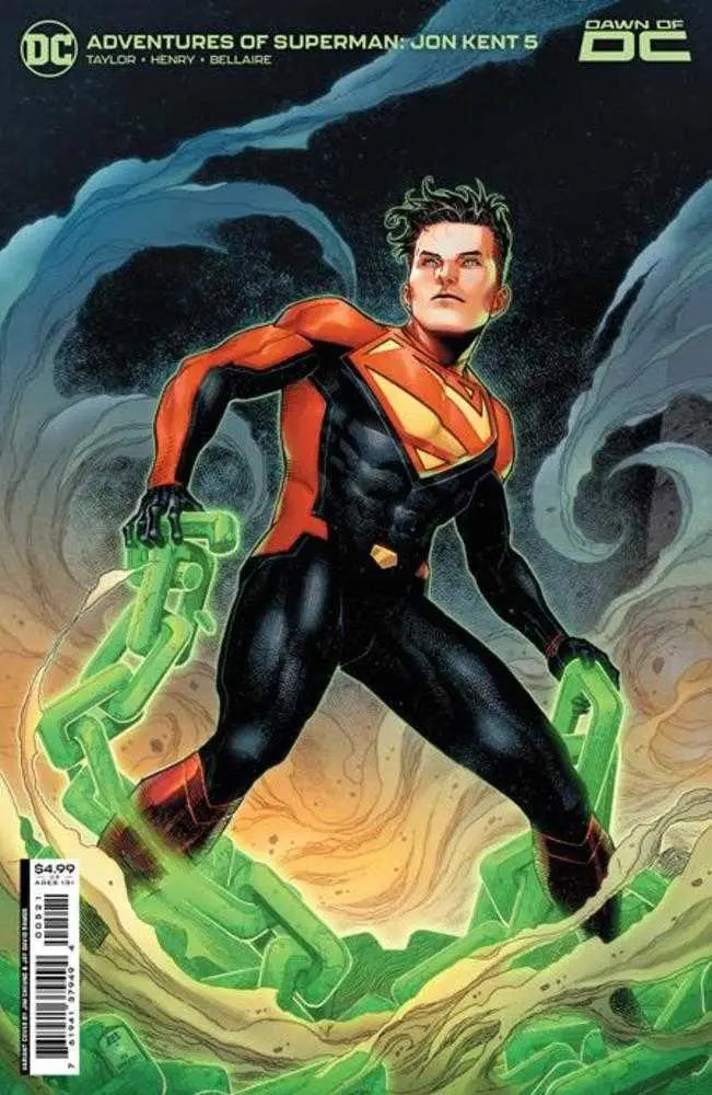 Superhero Jon Kent in red and black costume using green energy constructs, trading card