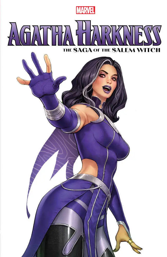 Agatha Harkness in purple costume with glowing hand on Comic cover for Midnight Suns