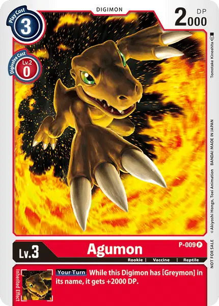 Agumon P-009 promotional card showcasing unique Digivolve cost features