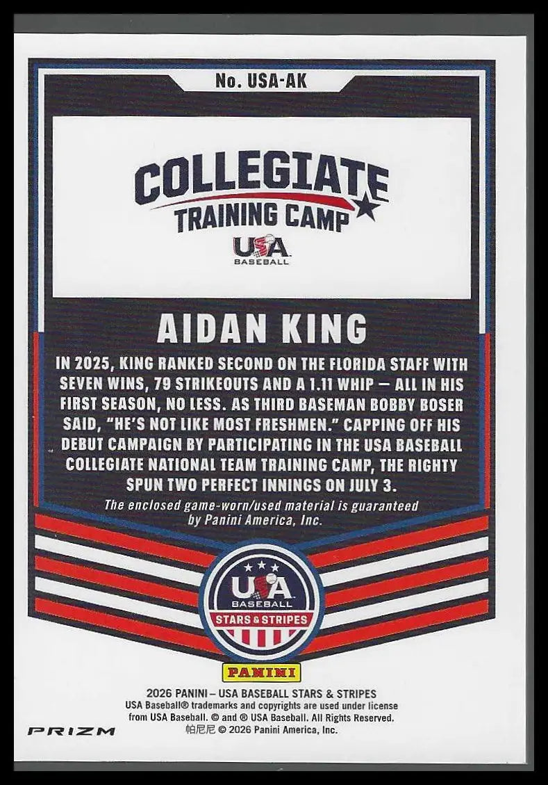 Aidan King 2026 Panini Prizm USA Stars & Stripes Silver Relic #USA-AK GAME WORN