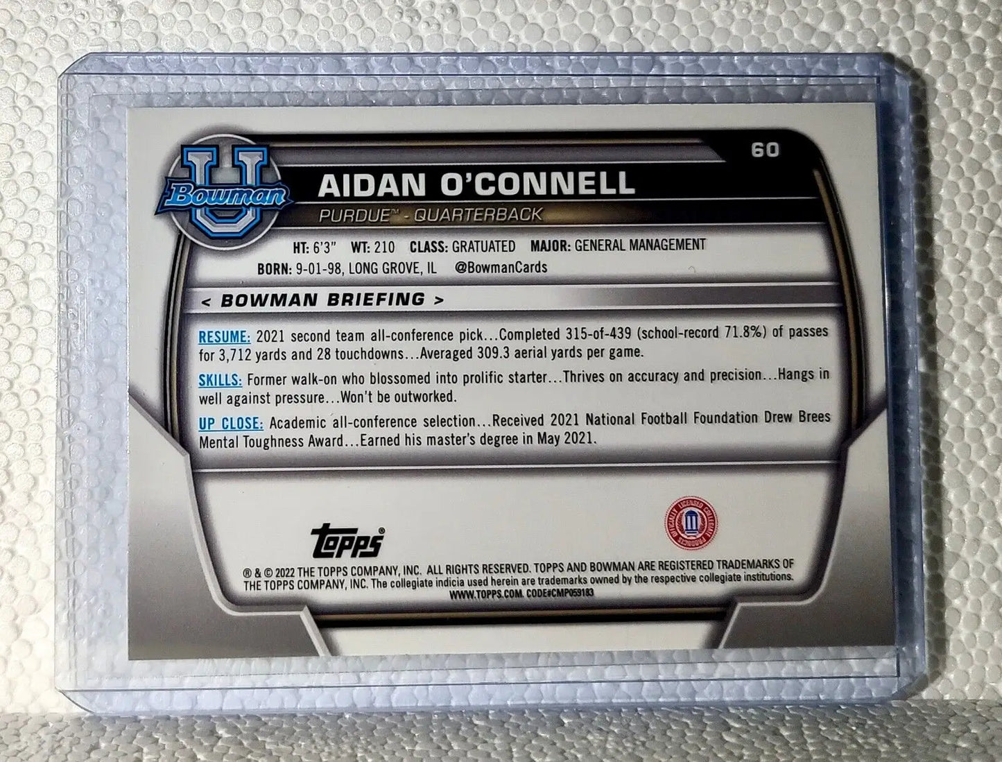 Aidan O’Connell 2022 Topps 1st Bowman U Football #60 Card Purdue - Football Card Single
