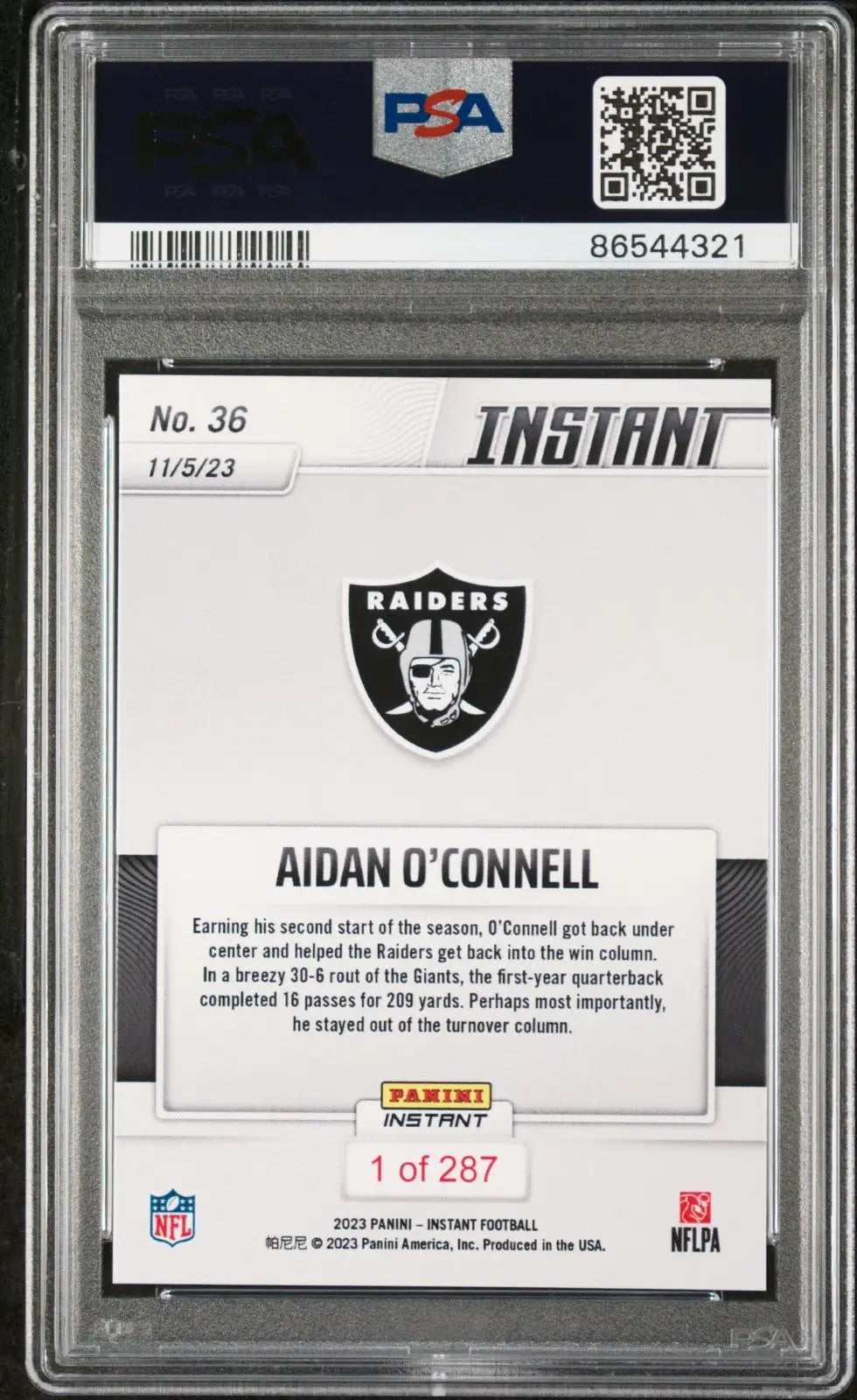Aidan OConnell 2023 Panini NFL Rookie Football #36 Card 1 of 287 Raiders PSA 9