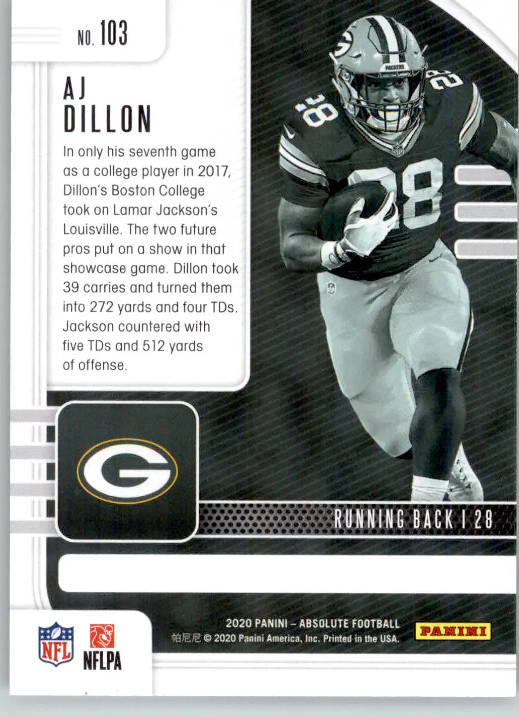 AJ Dillon - 2020 Panini Absolute - #103 - RC Retail Football - Football Card Single