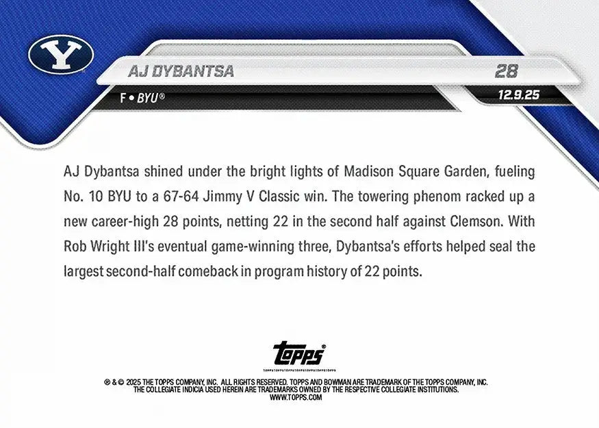AJ Dybantsa - 2025-26 Bowman U NOW® Basketball - Card 28 - PR: 4146 - Basketball Card Single