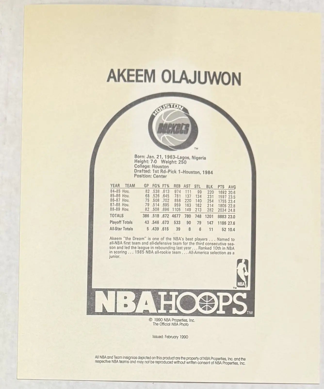 Akeem Olajuwon NBAHoops 1990 Official NBA Photo - Sports Memorabilia