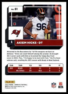 Akiem Hicks 2022 Donruss #81 Tampa Bay Buccaneers - Football Card Single